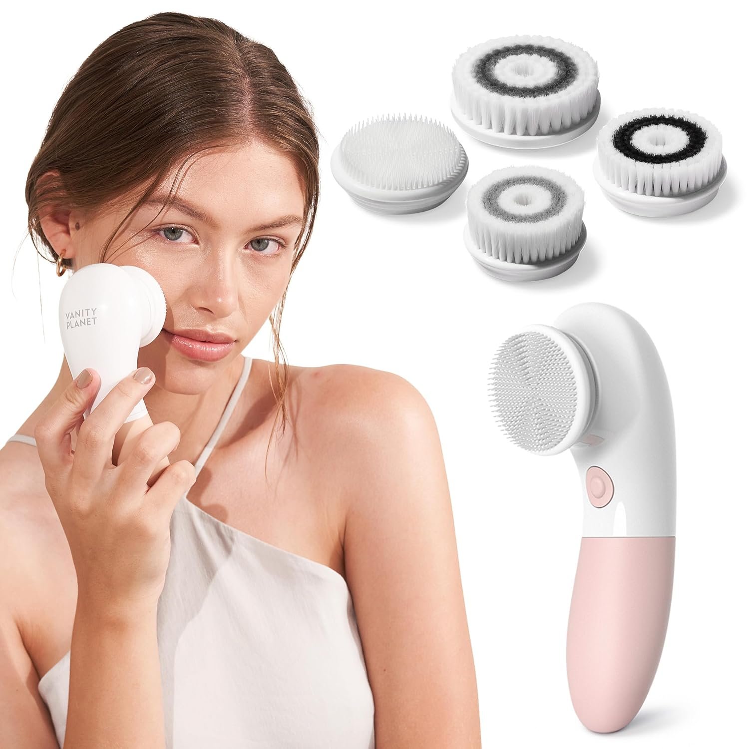 Vanity Planet Raedia Facial Cleansing Brush – Electric Facial Cleansing Brush with 4 Exfoliating Brush Heads – Waterproof, Handheld, Lightweight for Face Scrubber and Exfoliating Face – Dusty Pink