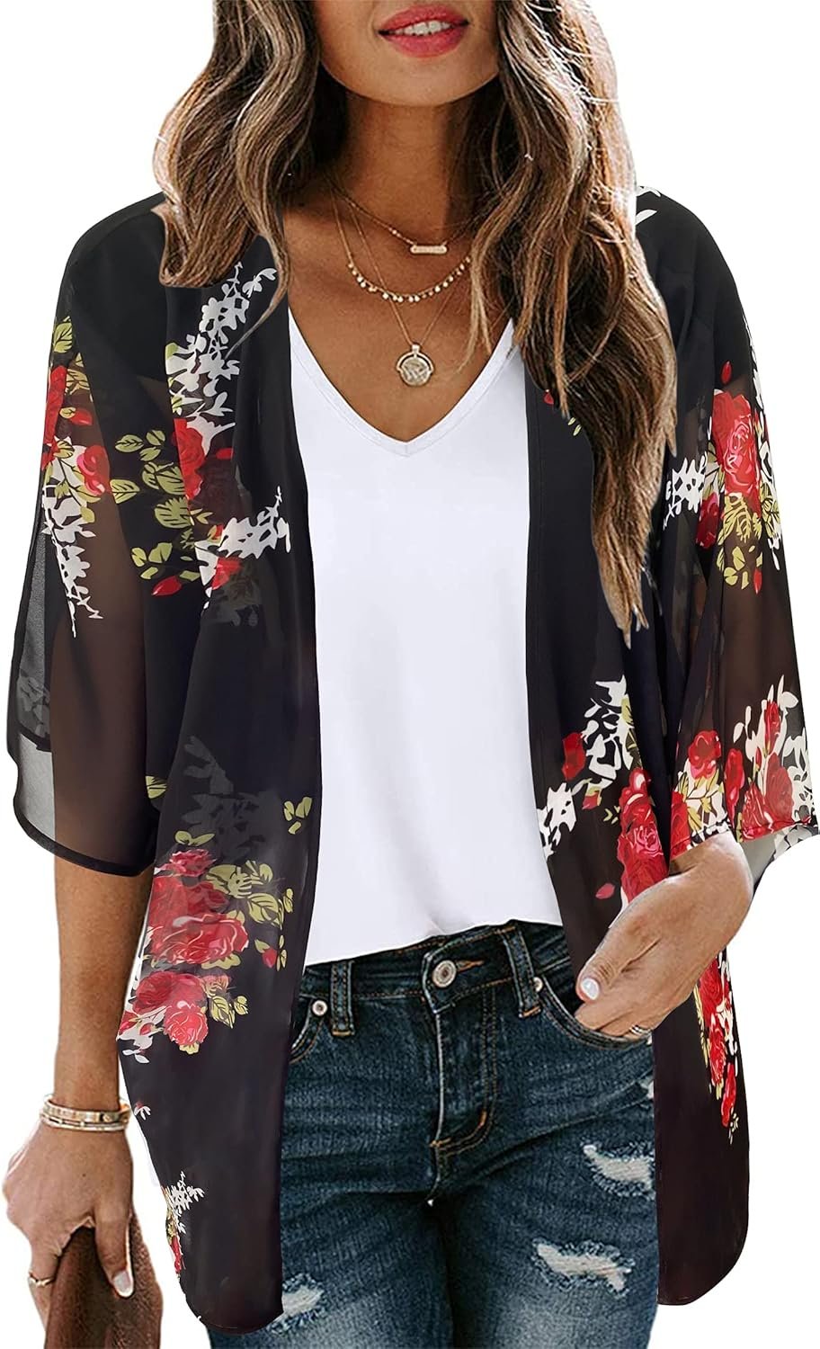 Women’s Floral Print Puff Sleeve Kimono Cardigan Loose Cover Up Casual Blouse Tops 2026