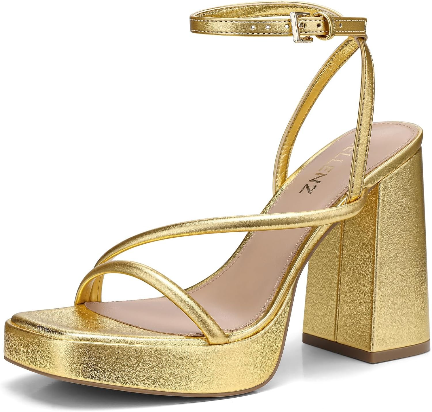 CELLENZ Women Chunky High Heels: 4.5 Inch Sexy Strappy Heels Night Prom Party, Platform Square Comfortable Casual Heels, White Gold Open Toe Summer Heel Sandals