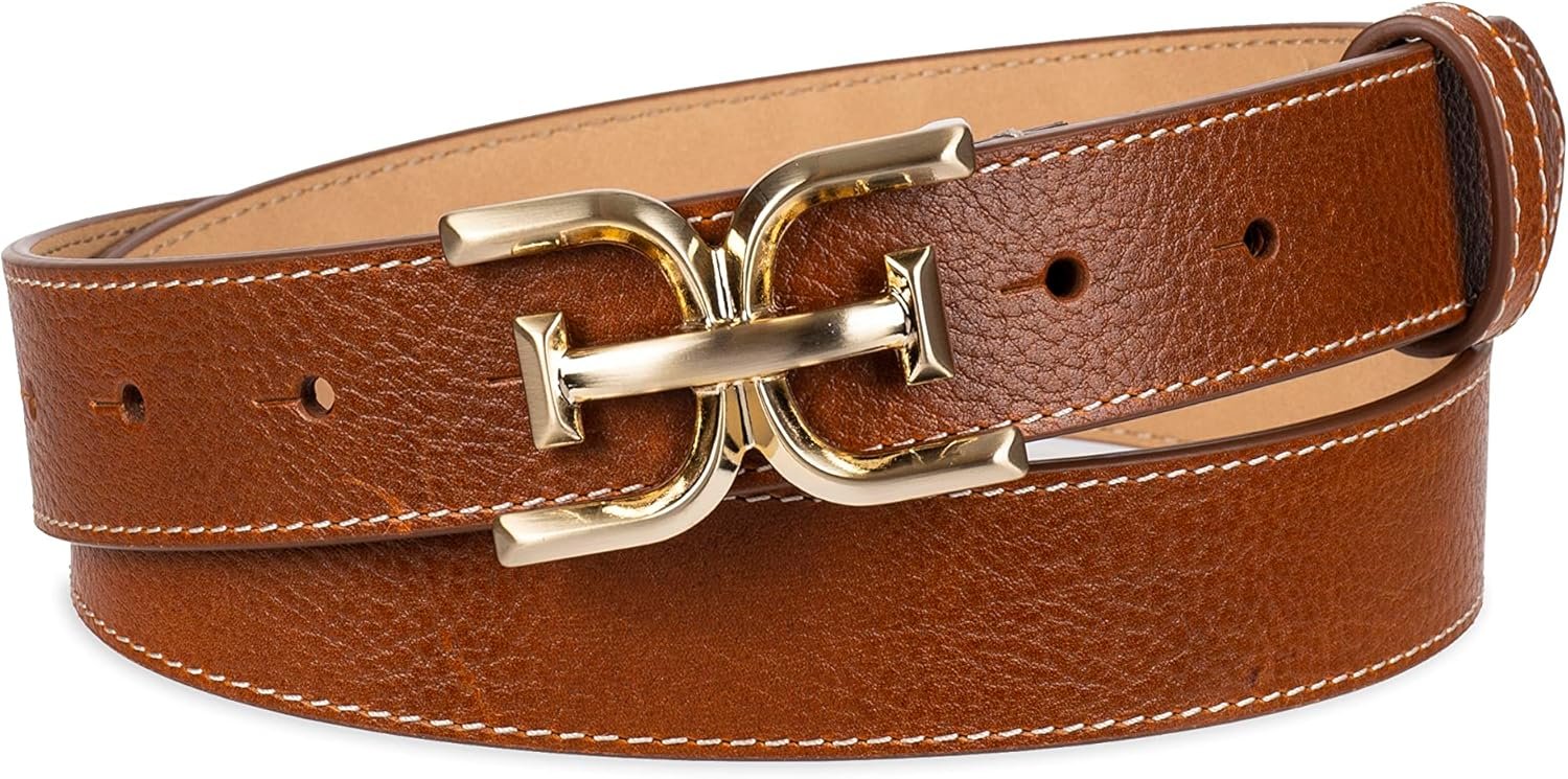 Sam Edelman Women’s Fashion Double-E Plaque Logo Buckle Slim Textured Belt for Jeans, Dresses and Trousers