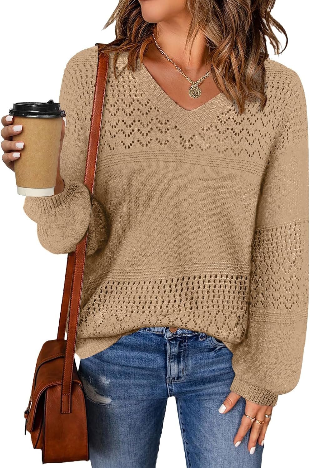 MixShe Womens Knit Sweaters 2026 Fall V Neck Long Sleeve Pullover Casual Loose Tops
