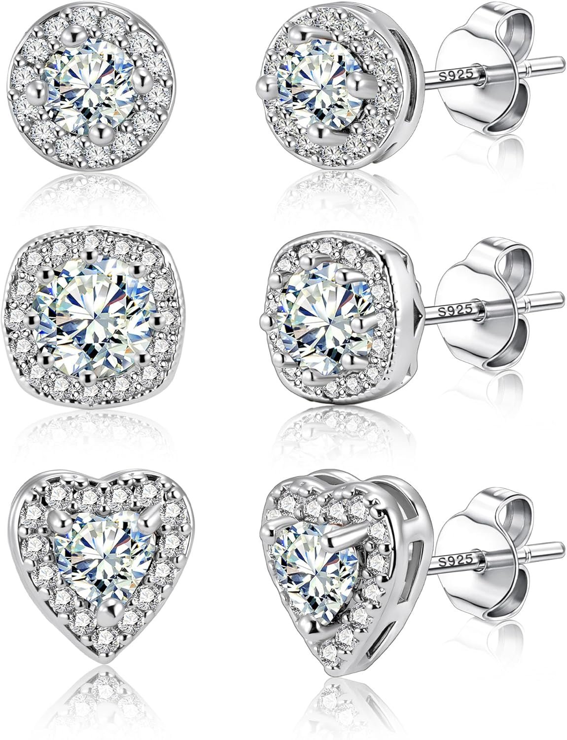 ALEXCRAFT Sterling Silver Stud Earrings for Women Cubic Zirconia Halo Round Heart Square Diamond Large Silver Stud Set Earring