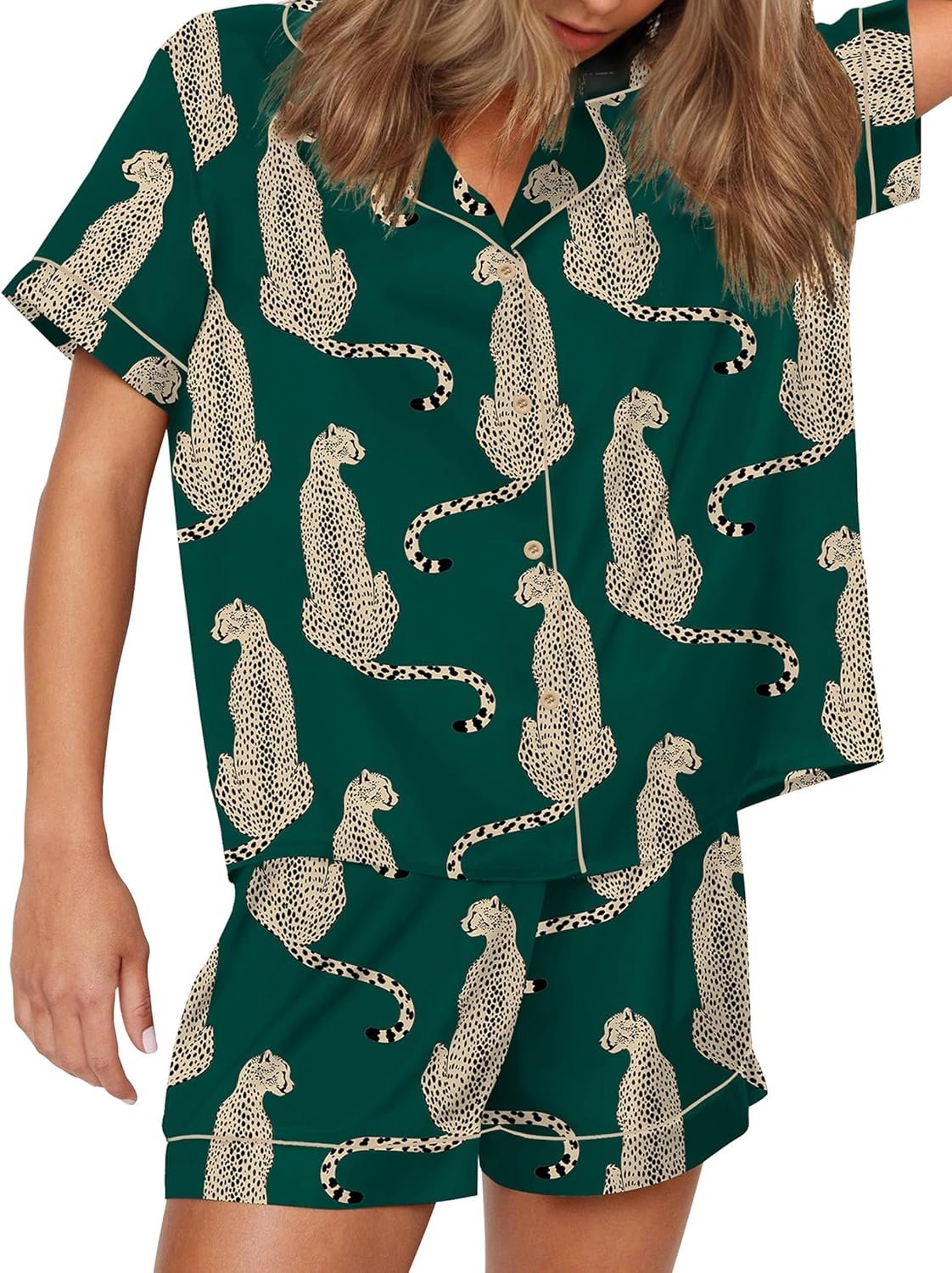 SHESHOW Satin Pajamas for Women Set Preppy Animals Pjs Short Sleeve Shorts 2 Piece Loungewear Sets XS-XXL