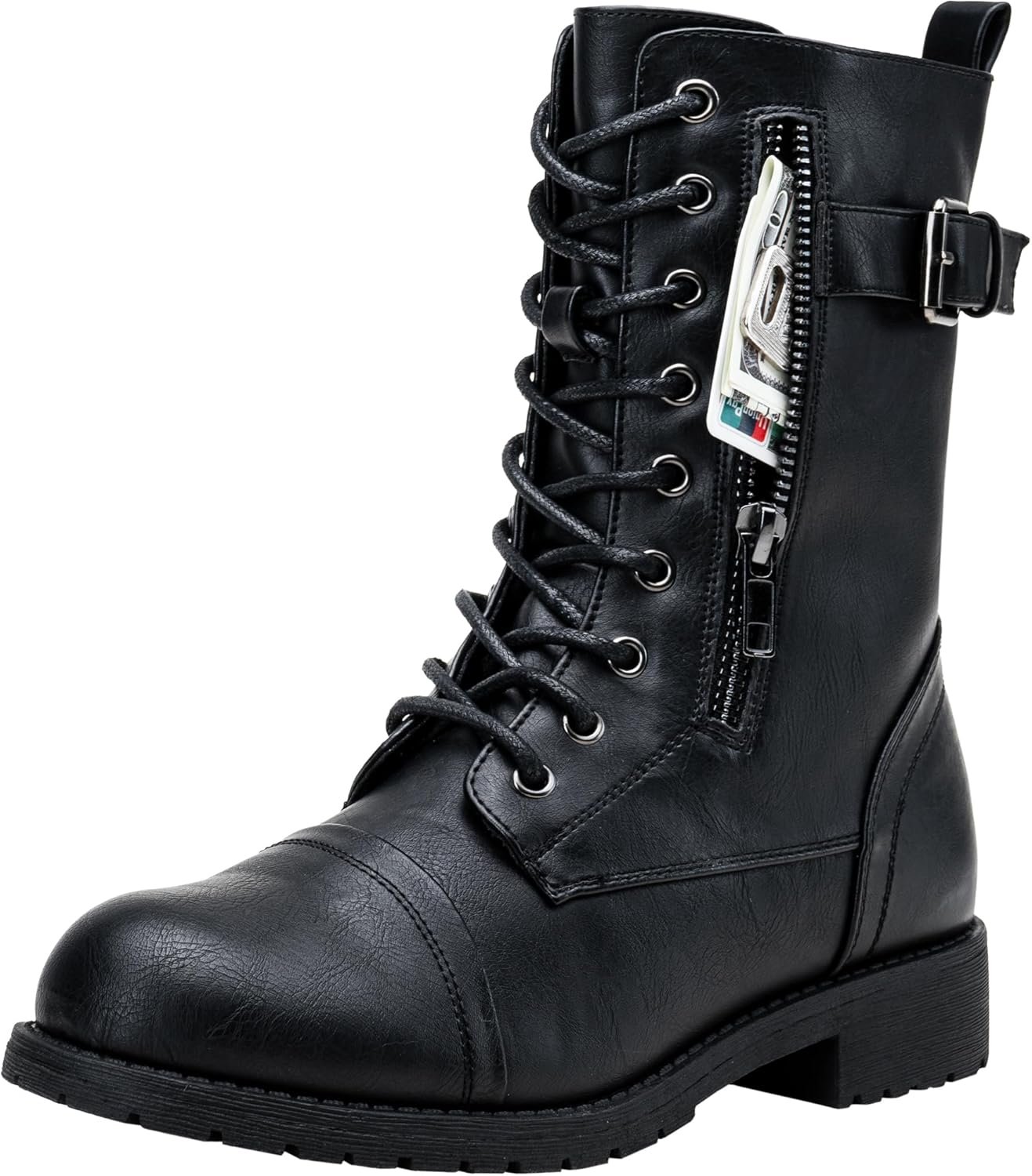 Vepose Women’s Combat Boots Low Heel, Mid Calf Military Boots with Card Knife Wallet Pocket