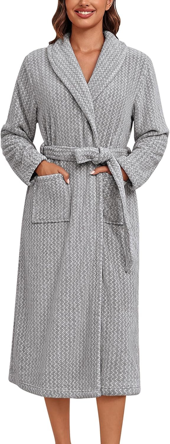 Ekouaer Women’s Robe Long Plush Soft Bathrobe Cozy Warm Robes Shawl Collar Sleepwear with Pockets