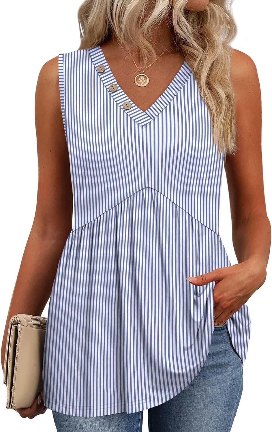 OFEEFAN Womens Tank Tops 2026 Boho Fashion Clothing Flowy Peplum Top Button Down Sleeveless V Neck Babydoll Tank Top