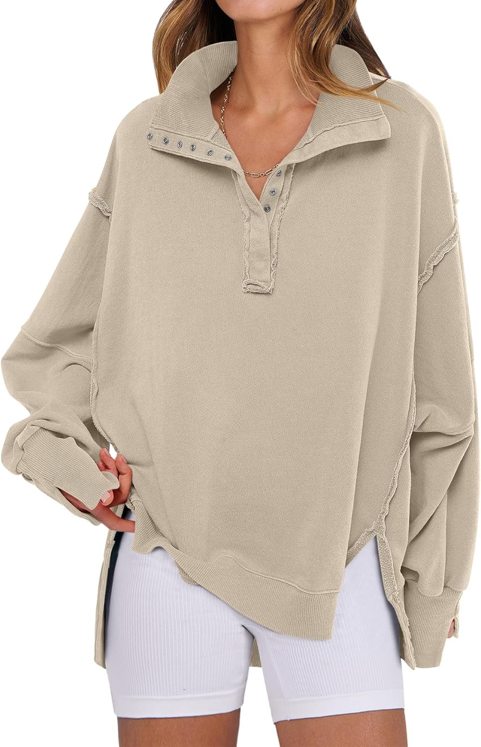 ANRABESS Women’s Sweatshirts Oversized Casual Loose Button Up Henley Pullover Top High Low Split 2026 Fall Fashion Outfits