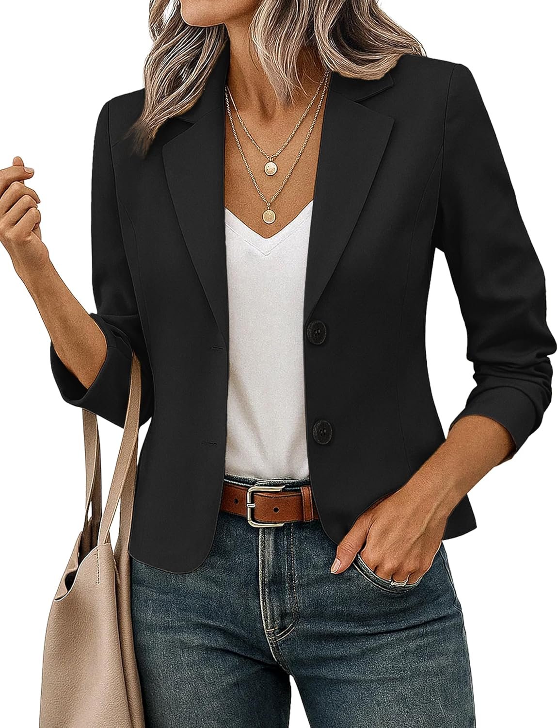 FOLUNSI Women’s Business Casual Cropped Blazer Lapel Collar Long Sleeve Work Office Suit Jacket with Fully Lined S-XL