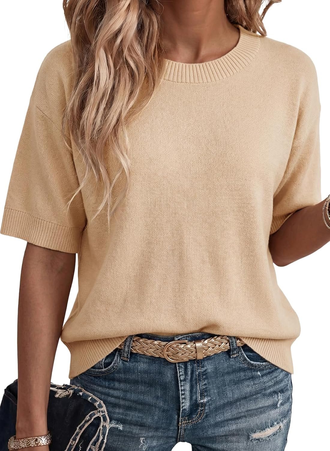 Dokotoo Women’s Sweaters Casual Creweck Short Sleeve Cotton Kint Summer Pullover Sweater Tops