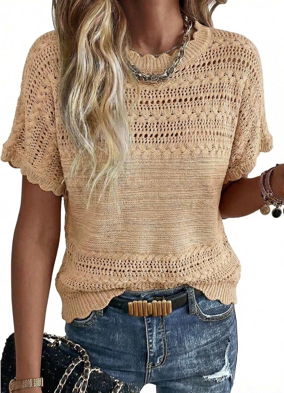 Acelitt Womens Short Sleeve Knit Sweater Tops, S-XXL