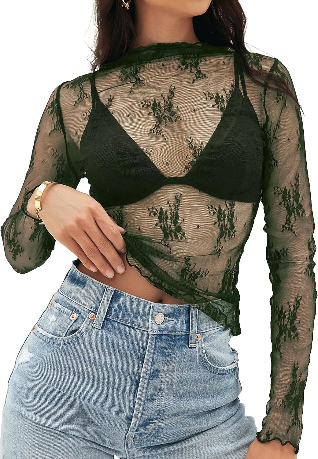 MEROKEETY Womens Mesh Sheer Lace Long Sleeve Tops 2026 See Through Mock Neck Shirt Fashion Blouses Date Night Outfit Clothes