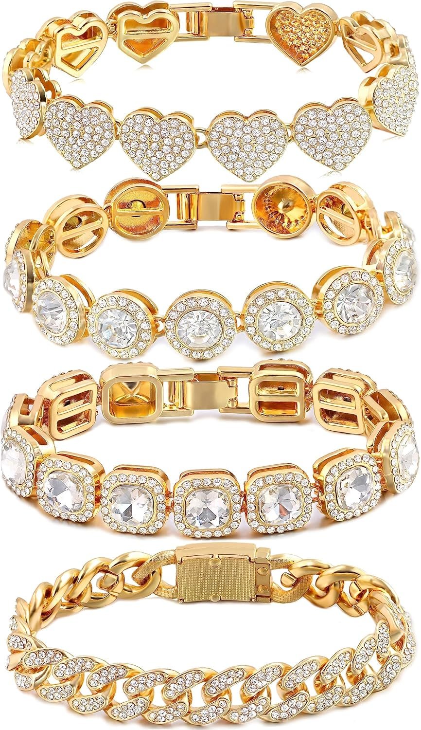 shopbyskyler 4PCS Gold Bracelets for Women Silver Clustered Tennis Bracelet for Women Heart Round Diamond Cuban Bracelet Layered Link Bracelet Set Fashion Jewelry for Women Set