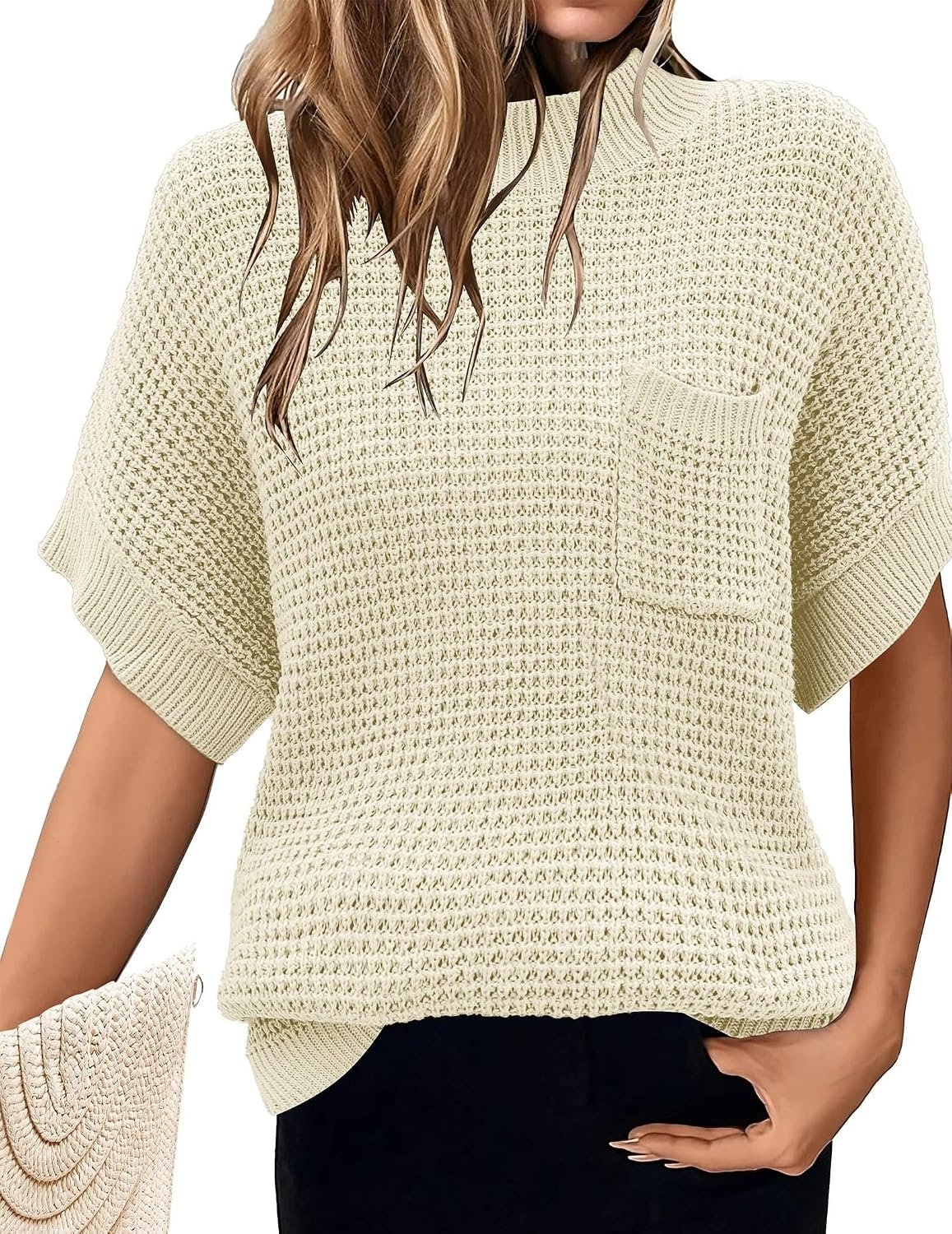 Women 2026 Sweater Vest Mock Neck Batwing Short Sleeve Oversized Ribbed Knit Tops Fall Pullover Sweater S-XXL