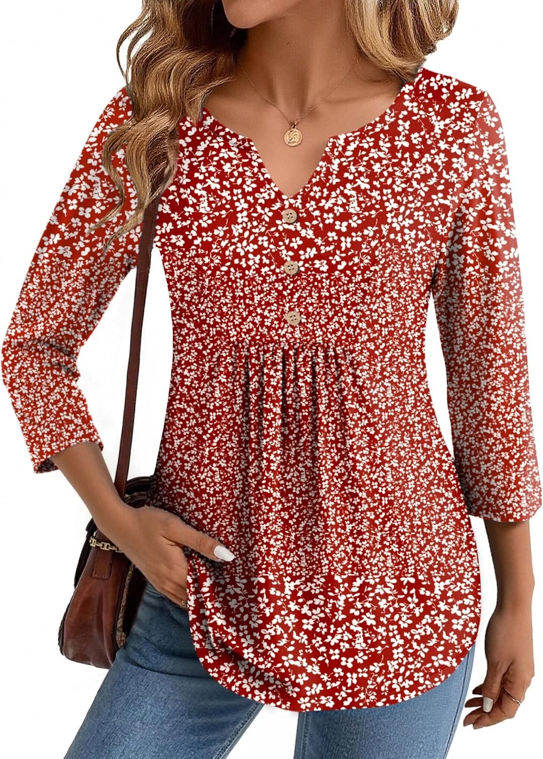 Zeagoo Womens 3/4 Length Sleeve Tops V Neck Dressy Casual T Shirts Pleated Business Work Blouses Basic Tees S-3XL