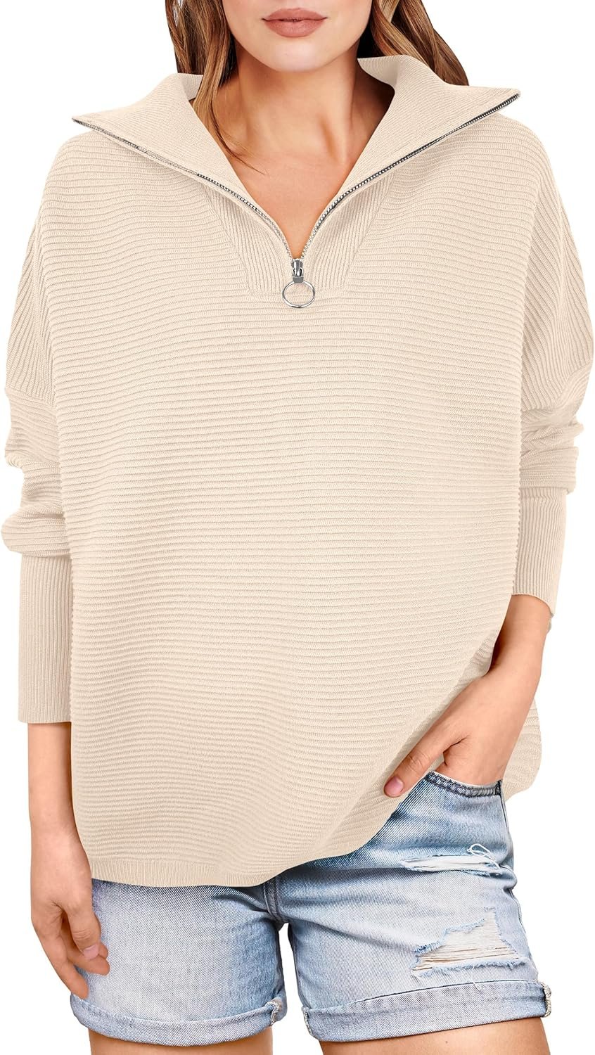 ANRABESS Women Quarter Zip Oversized Casual Loose Rib Knit Cozy Pullover Sweaters Top 2026 Fall Fashion Outfits Clothes