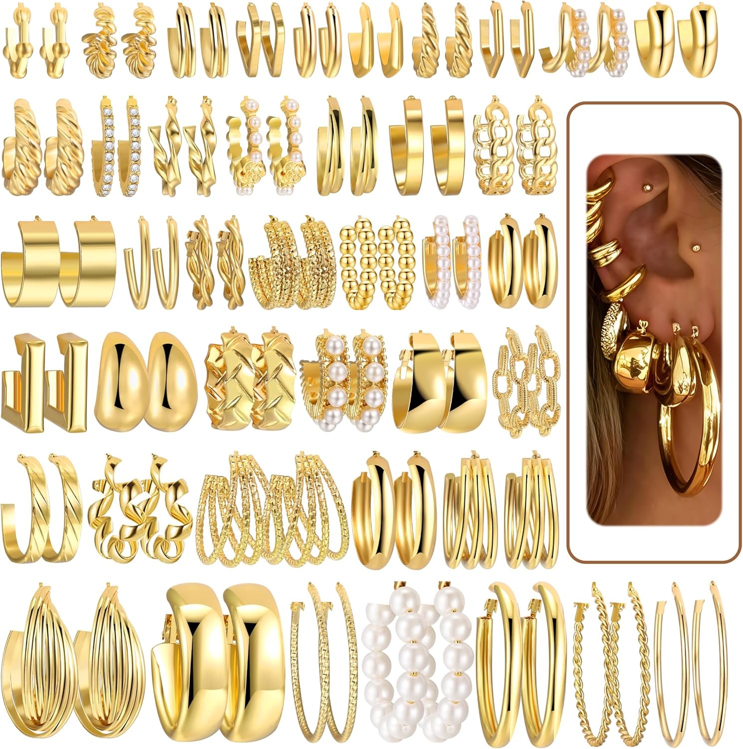 42 Pairs Gold Hoop Earrings Set for Women, Hypoallergenic Multipack Small to Chunky Hoops, Pearl & Twisted Trendy Earrings for Everyday Wear & Mothers Day Gifts
