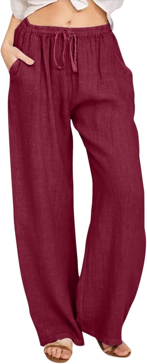 Nantdog Linen Pants Women 2025 Summer Beach Lounge Palazzo Trousers Loose Elastic Plus Size Drawstring with Pockets Pants