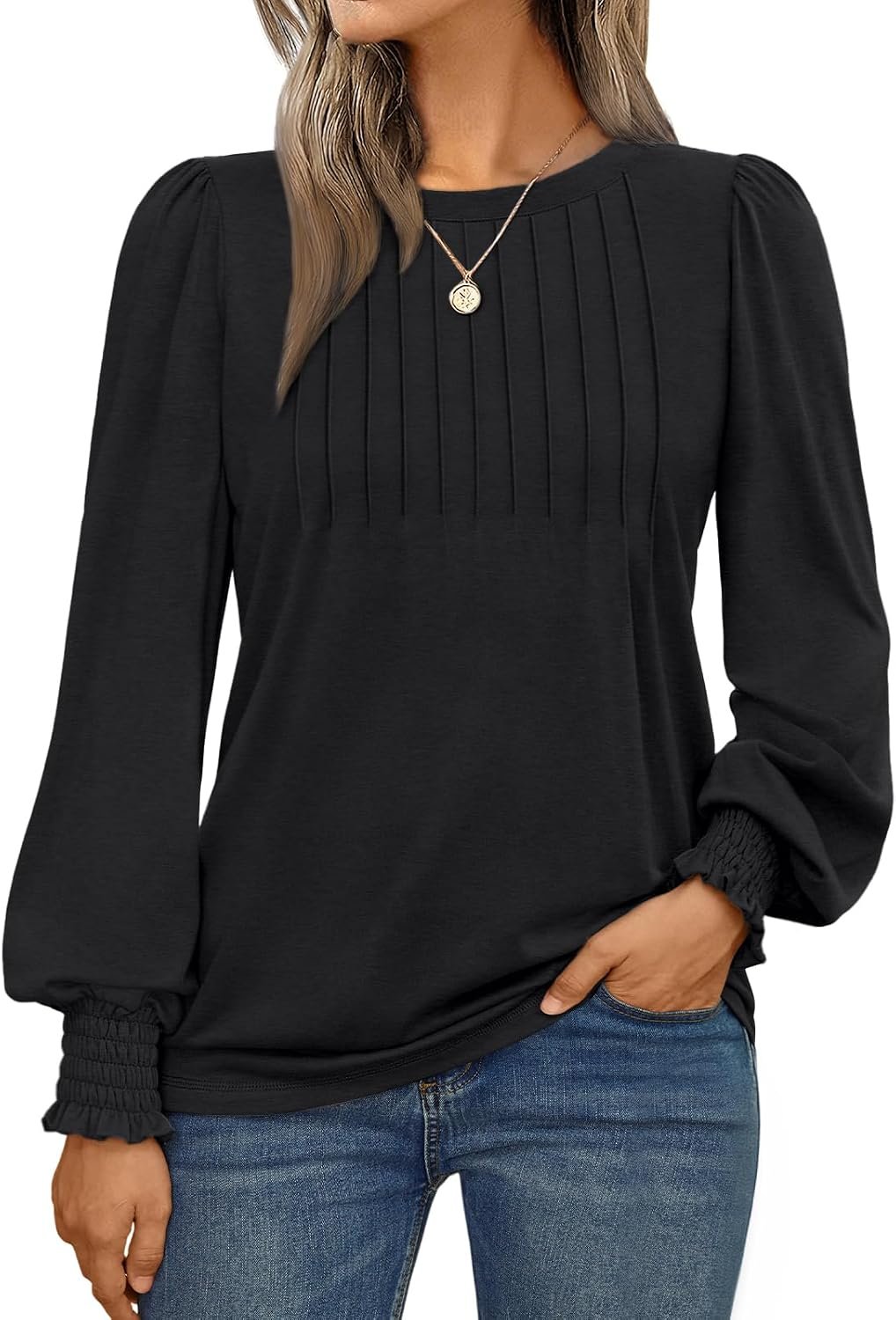 AUTOMET Womens Long Sleeve Shirts Fall Blouses Tops Business Casual Outfits | Pleated, Smocked Cuffs, Work Tunic Tops, Dressy Casual, Plus Size Loose, Cute Shirts, Fall Teacher Outfits, Winter Clothes