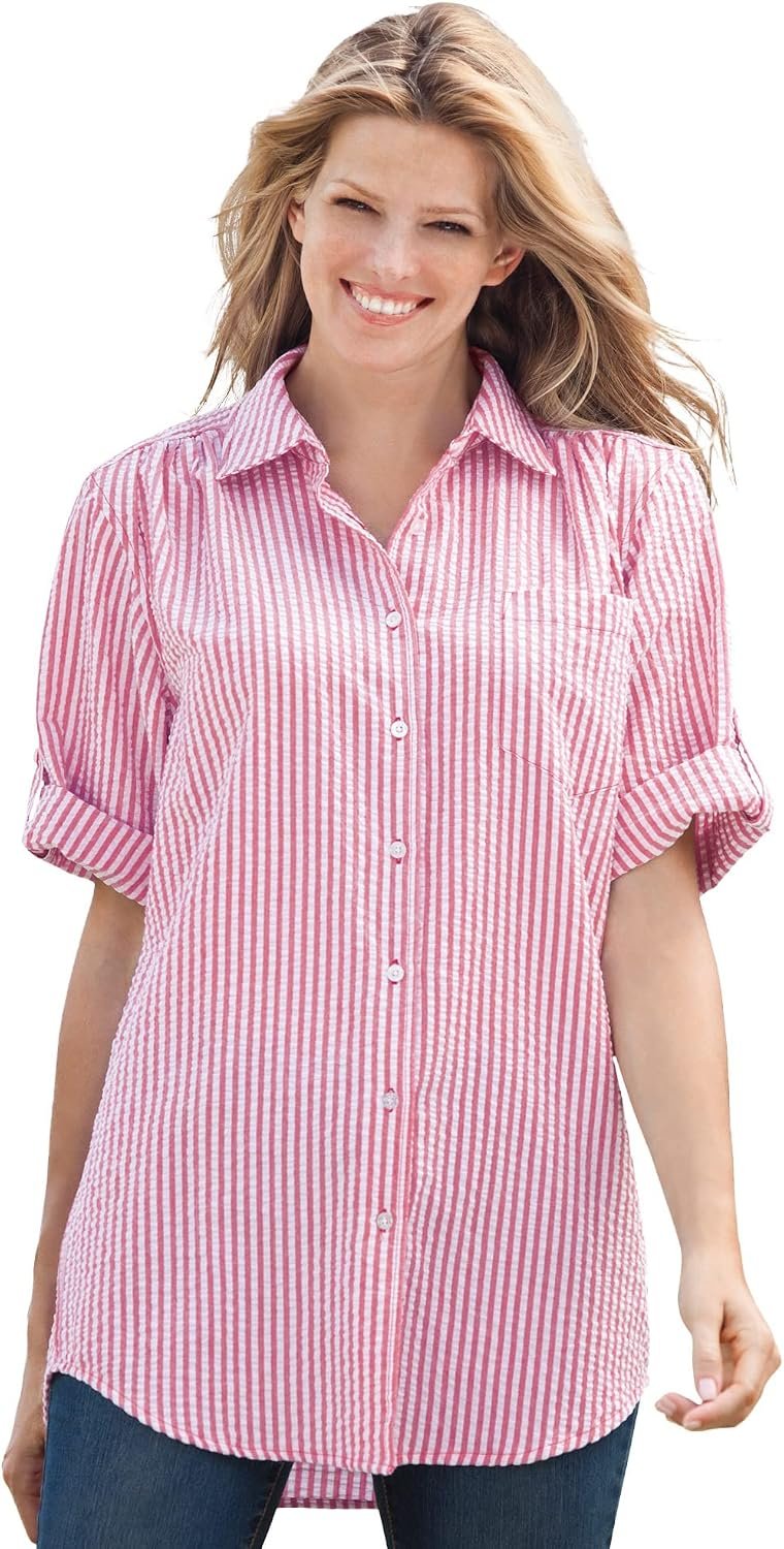 Woman Within Plus Size Short-Sleeve Button-Down Cotton Seersucker Shirt