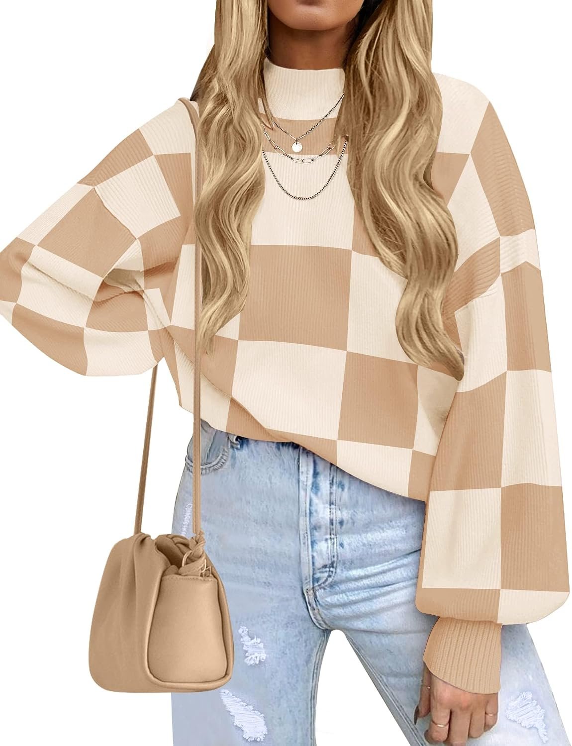 ZESICA Women’s 2026 Fall Fashion Turtleneck Long Sleeve Striped Ribbed Knit Loose Pullover Sweater Tops