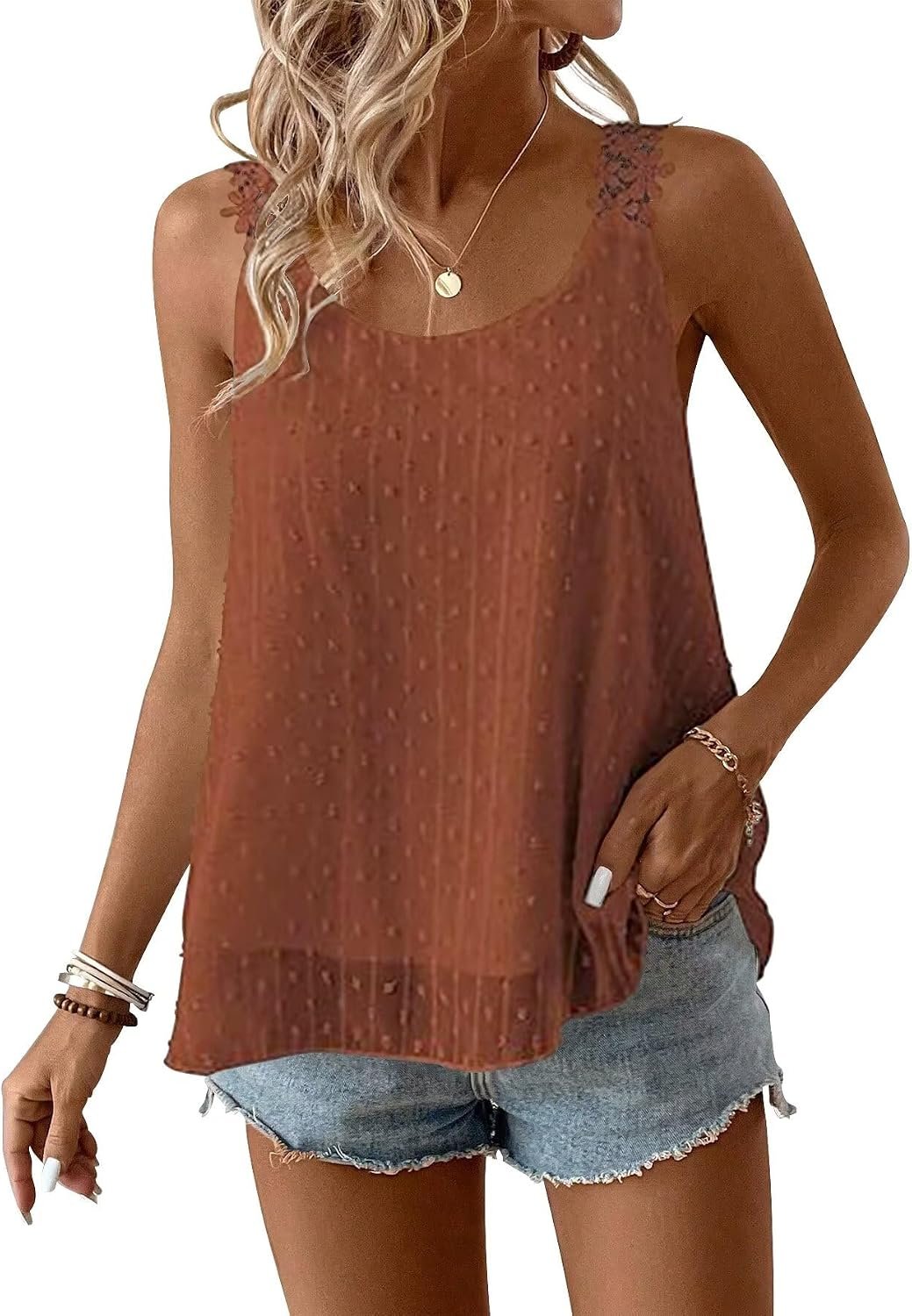 Womens Tank Tops Flowy Sleeveless Summer Boho Tank Top for Women Casual Crewneck Strap Lace Camisole Shirts