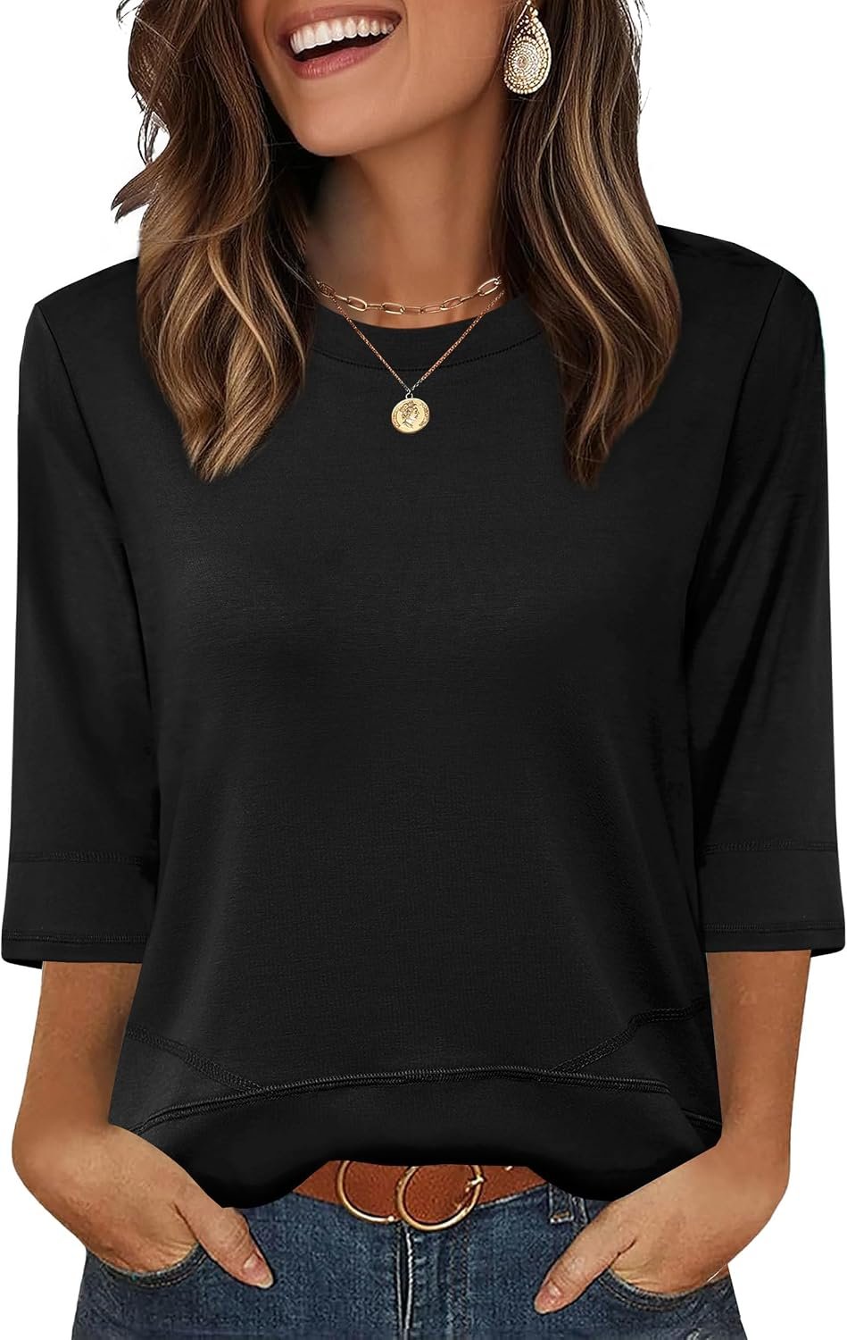 XIEERDUO 3/4 Length Sleeve Tops for Women Business Casual Blouses Slit Side Shirts Blouses Summer Fashion Clothes 2026