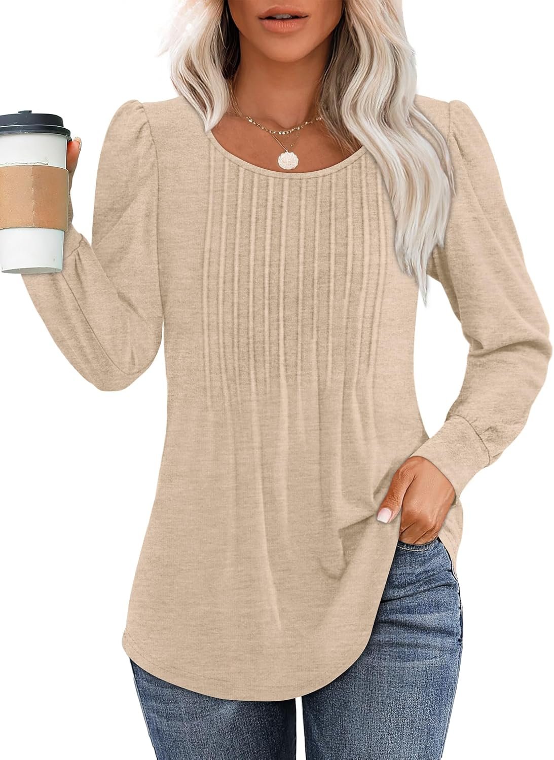 OFEEFAN Long Sleeve Shirts for Women Fall Tops Dressy Casual Blouses Pleated Scooped Neck Tunic Tops for Leggings