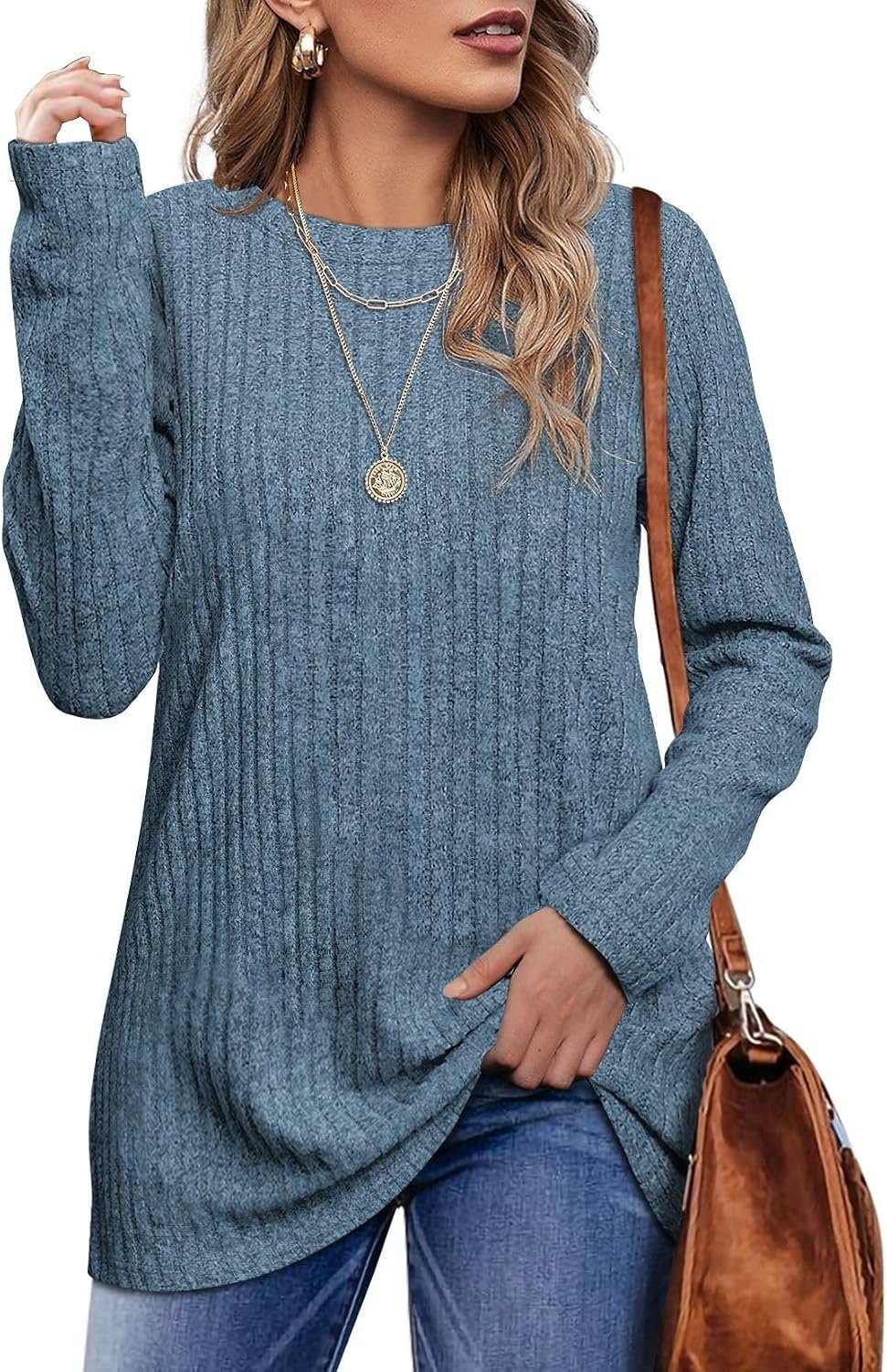 OFEEFAN Long Sleeve Shirts for Women Loose Fit Crew Neck Tunic Tops Blouse Dressy Casual Fall Winter Clothes Outfits
