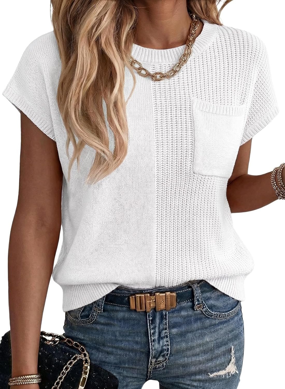 Dokotoo Summer Knit Tops for Women Sleeveless Crewneck T Shirts Casual Lightweight Sweater Blouses Shirts