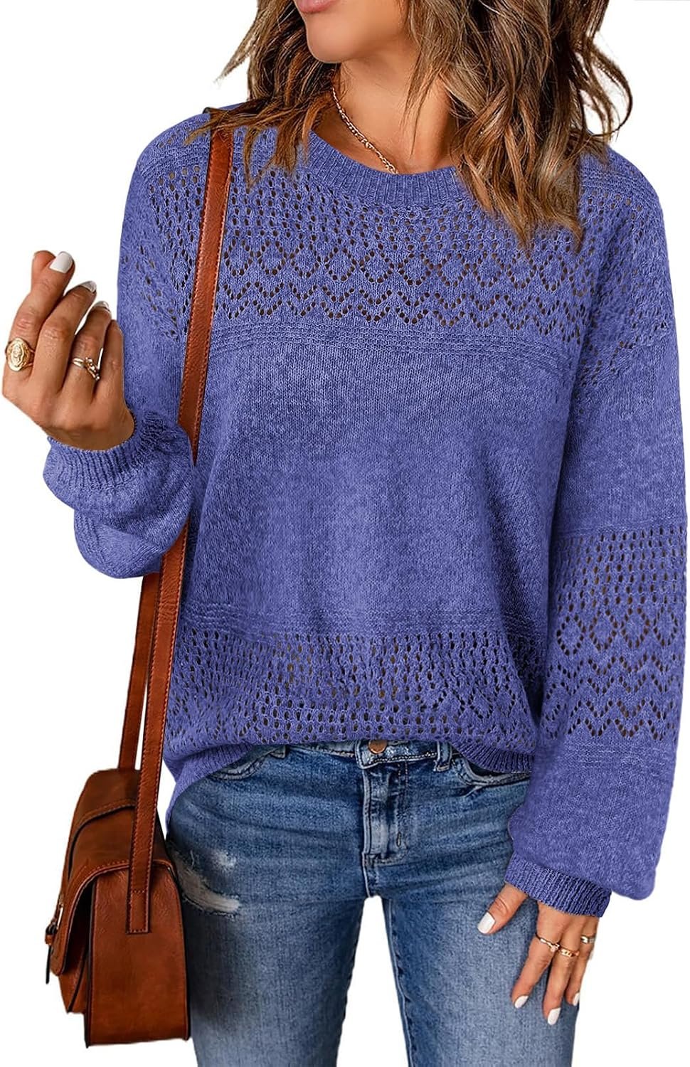 Lylinan Womens Sweaters Casual Boho Long Sleeve Shirts Crewneck Lightweight Crochet Tops Pullover Knit Sweater