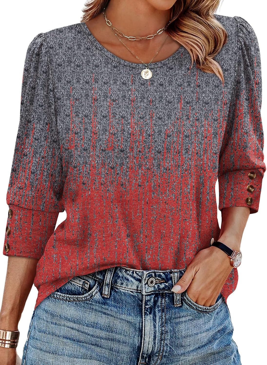 OFEEFAN Womens Tops 3/4 Sleeve with Buttons Dressy Casual Blouses Summer Outfits Beach Vacation Plus Size Spring Clothes