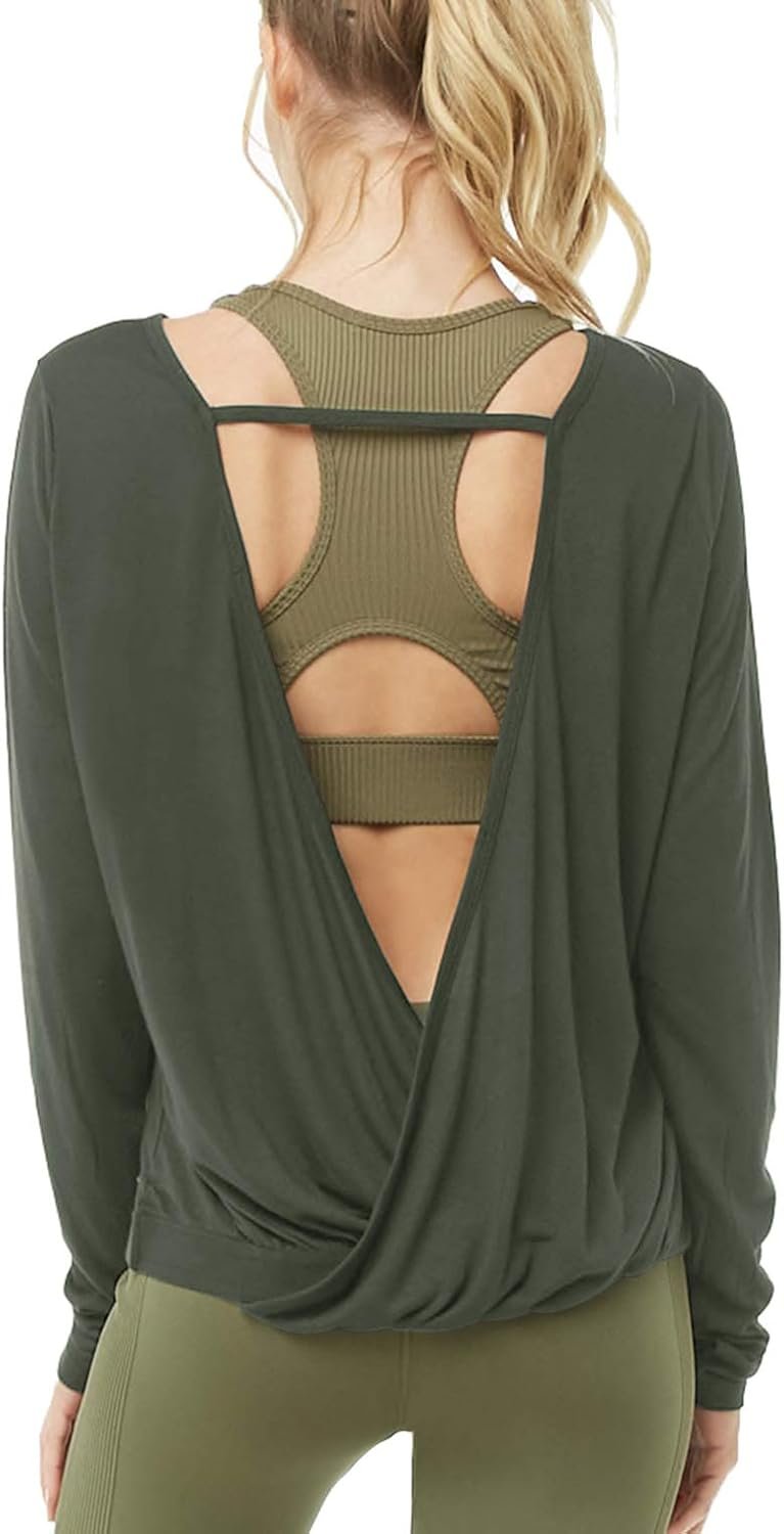Women’s Long Sleeve Open Back Shirts Backless Yoga Shirts Thumbhole