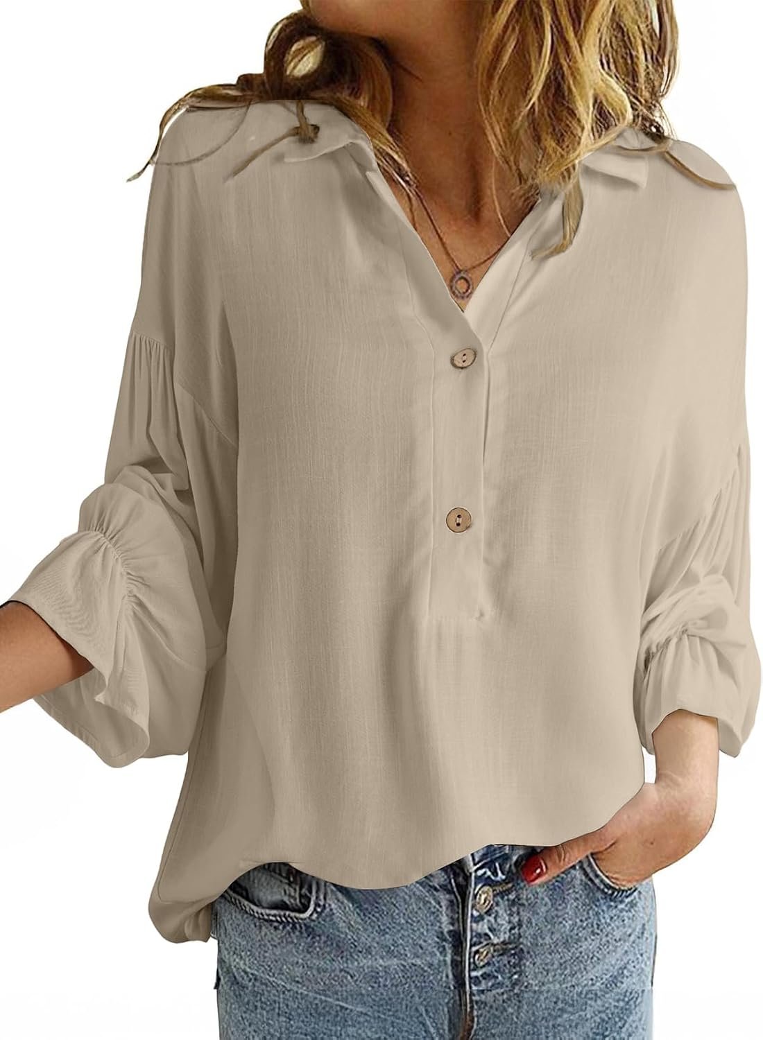 Astylish Women’s Casual Blouses Linen Tops Cute Puff Sleeve V Neck Button-Down Henley Shirts
