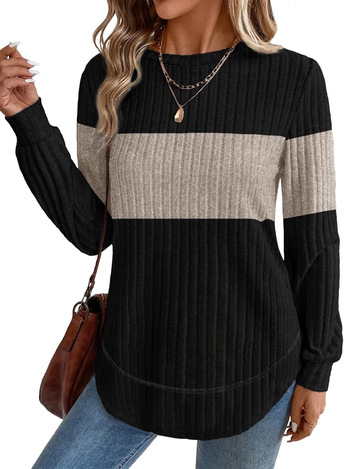 OFEEFAN Womens Sweaters Crew Neck Tunic Tops Long Sleeve Shirts Curved Hem