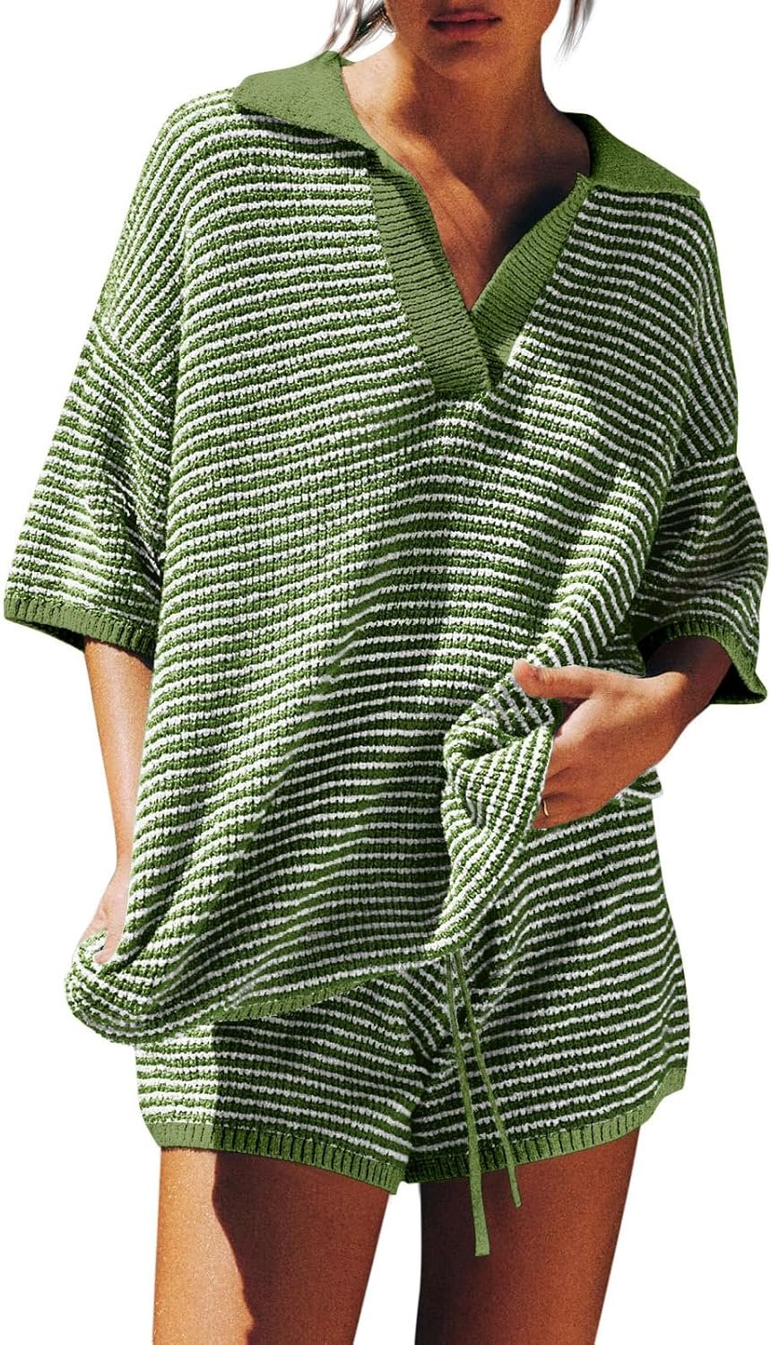 Tankaneo Womens Sweater Set 2 Piece Outfits 3/4 Sleeve Tops Shorts Lounge