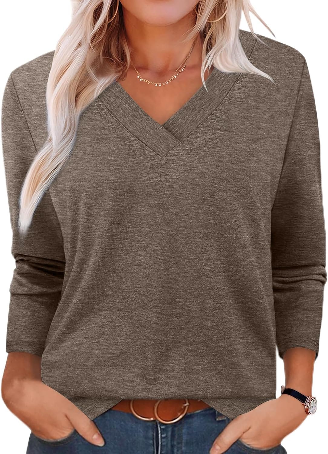 XIEERDUO Long Sleeve Shirts for Women V Neck Fall Tops Basic Tunic Tops Loose Fit Dressy 2025