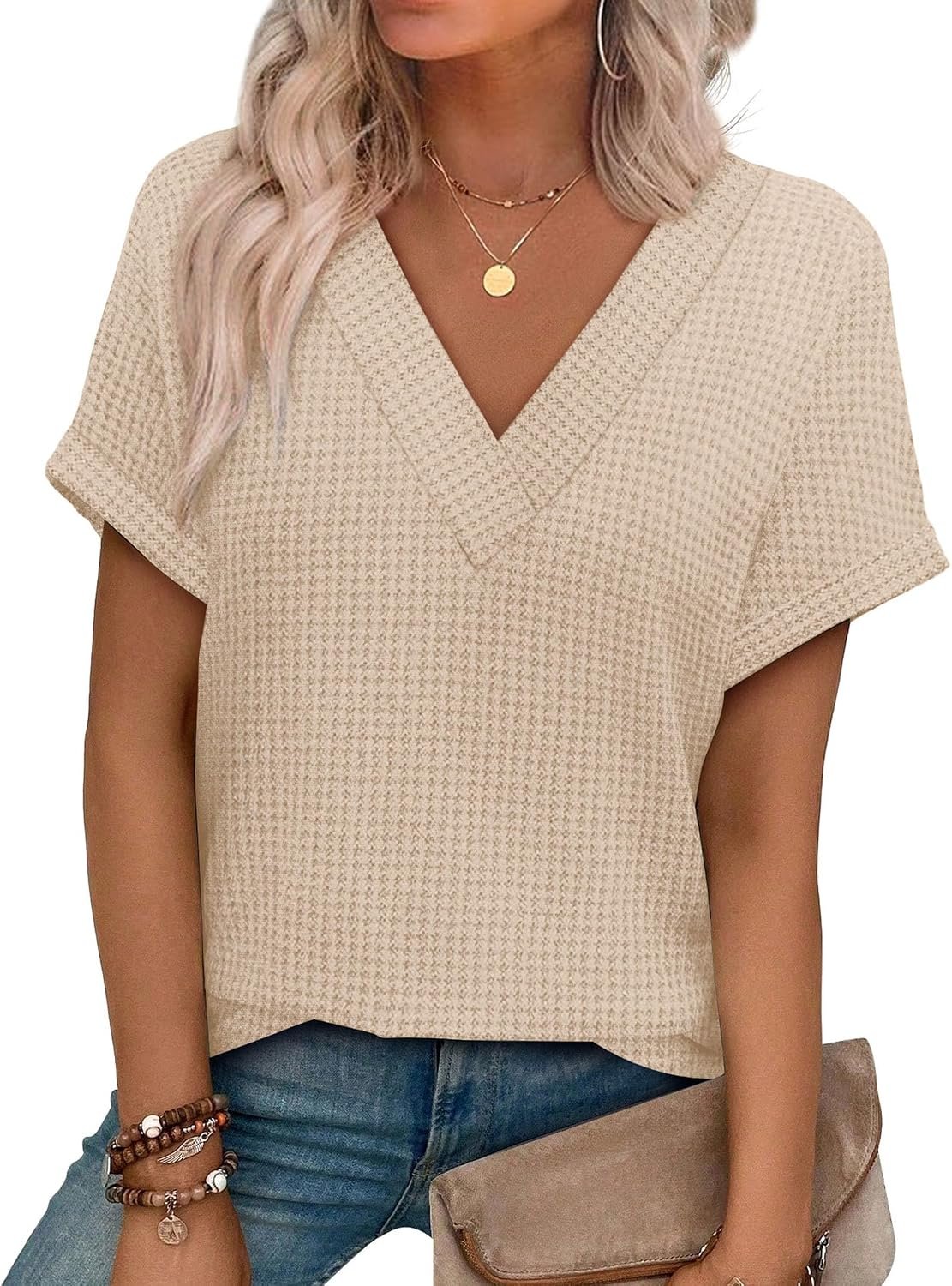 OFEEFAN Womens Short Sleeve Sweater Waffle Knit Tops V Neck Spring Summer T Shirts Casual Blouses Outfits Solid/Striped