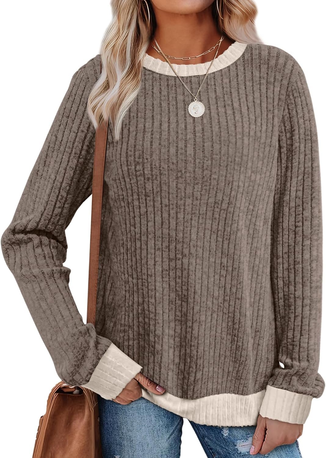 Sampeel Womens Tops Long Sleeve Shirts Lightweight Sweaters Loose Fit Crewneck Color Block Fall Fashion Outfits