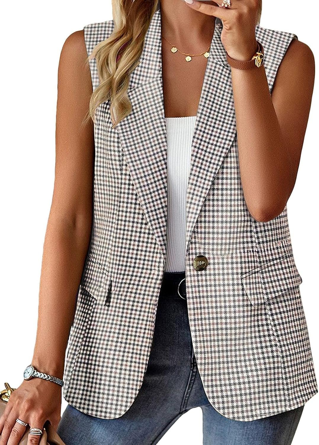 Mina Self Women’s Sleeveless Vest Tops Open Front Lightweight Blazer Jacket